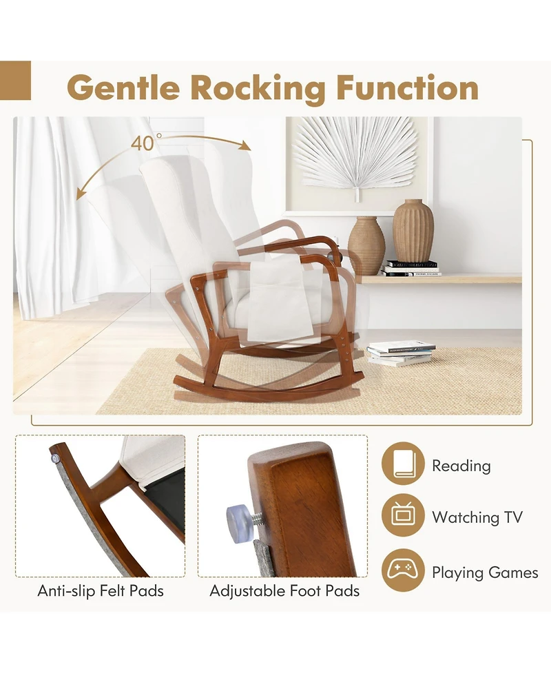 Gouun Rocking Chair with Ottoman Solid Rubber Wood Frame Padded Cushion