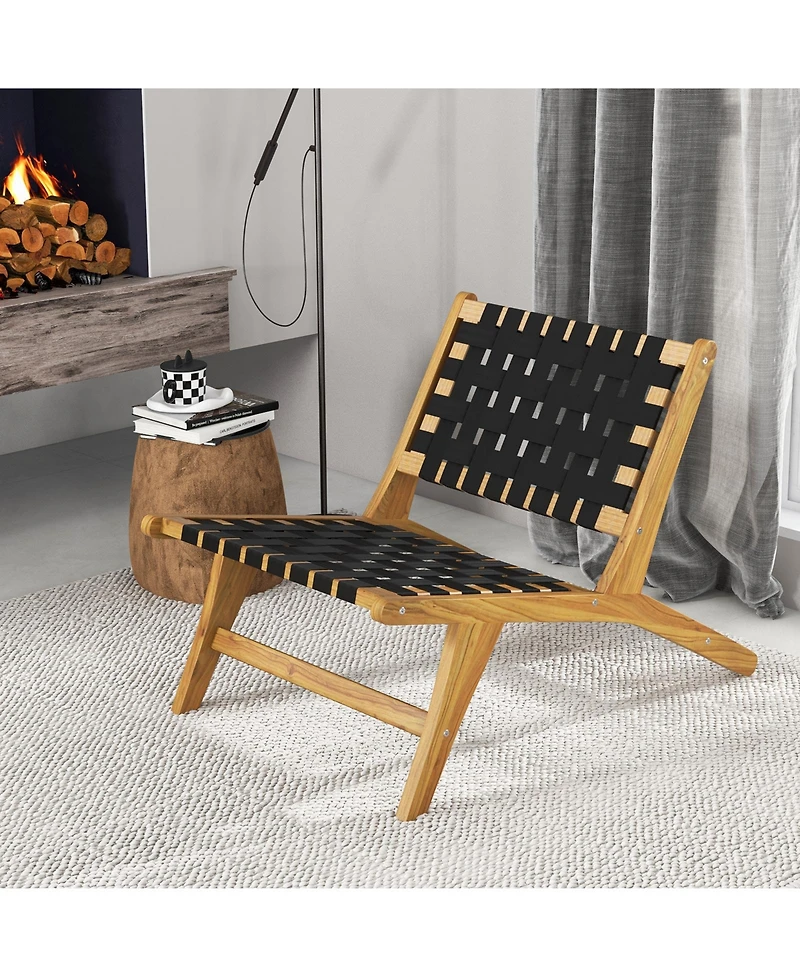 Gouun Indoor Patio Teak Wooden Chair with Woven Webbing Seat and Backrest
