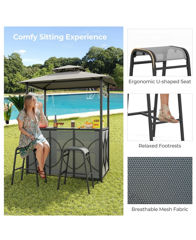 Gouun 3-Piece Patio Bar Set Grill Gazebo & 2 Bar Stools with Tempered Glass Bar Table