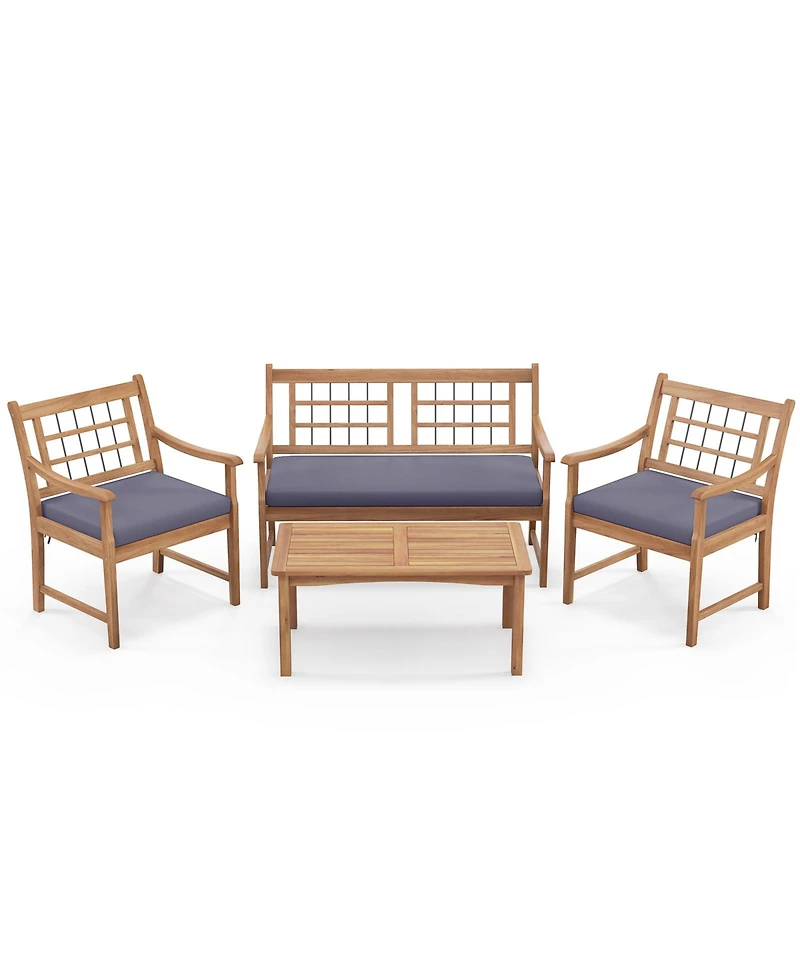 4 Piece Wood Patio Furniture with Armchairs Loveseat and Table