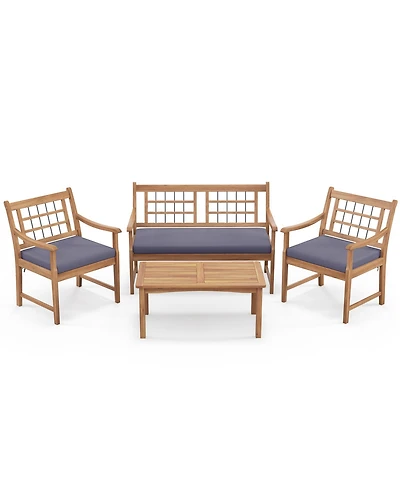 4 Piece Wood Patio Furniture with Armchairs Loveseat and Table