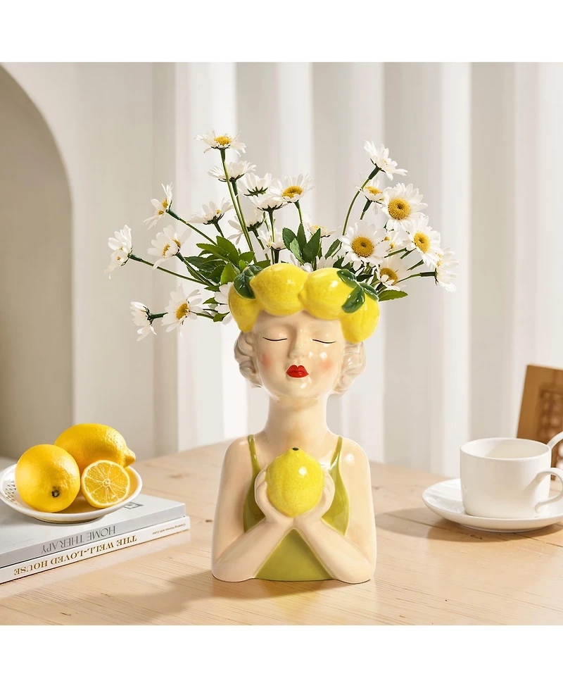 LuxenHome Lady Lemons Ceramic 11.6-Inch Tall Sculpture Vase