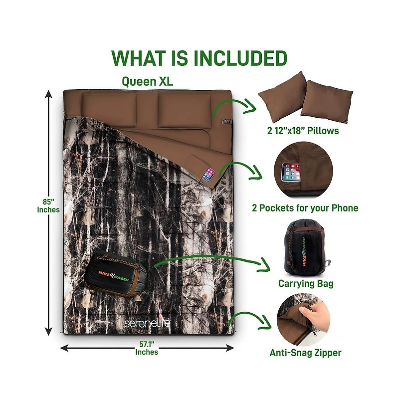 SereneLife Double Sleeping Bag with Two Pillows, Waterproof & Lightweight, Real Tree Print