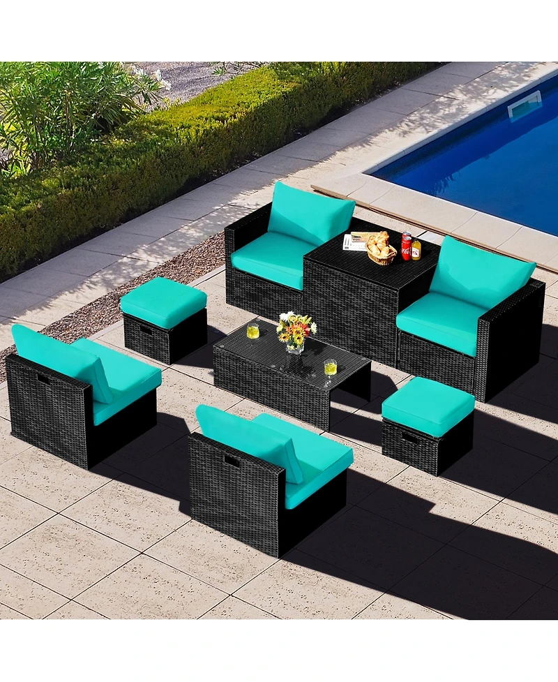 8 Pieces Patio Rattan Storage Table Furniture Set
