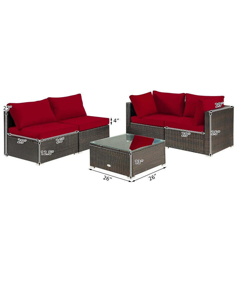 5 Pcs Outdoor Patio Rattan Furniture Set Sectional Conversation with Cushions