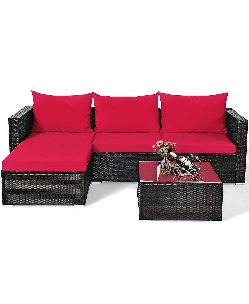 5 Pieces Patio Rattan Sectional Furniture Set with Cushions and Table