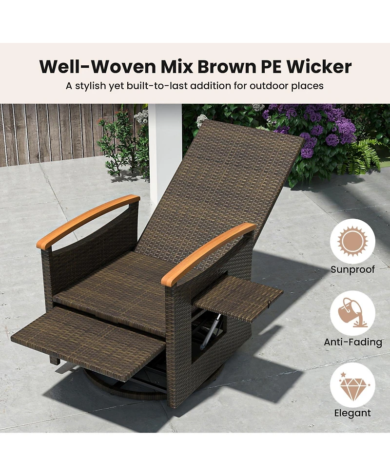 Gouun Patio Rattan 360° Swivel Recliner Chair with Adjustable Backrest and Footrest