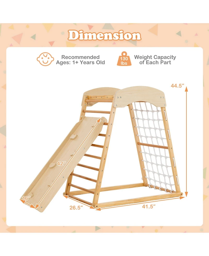 Gouun 6-in-1 Jungle Gym Wooden Indoor Playground with Double-Sided Ramp and Monkey Bars