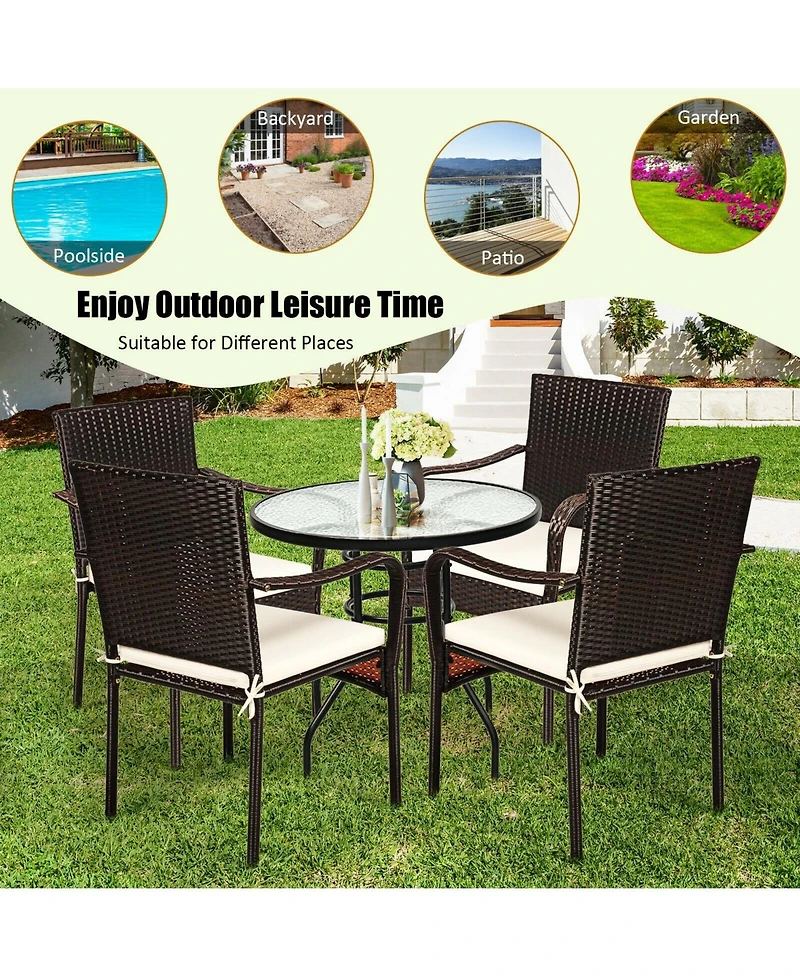 Gouun Set of 4 Patio Rattan Stackable Dining Chair with Cushioned Armrest for Garden