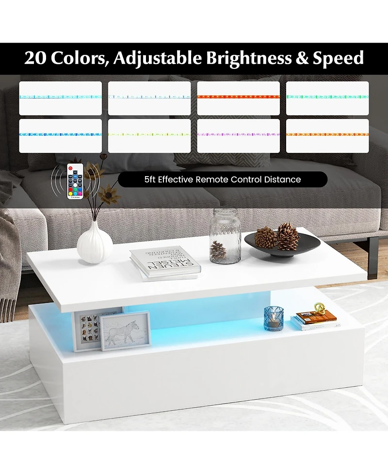Gymax Led Coffee Table 2-Tier High Glossy with Adjustable Light & Remote Control White