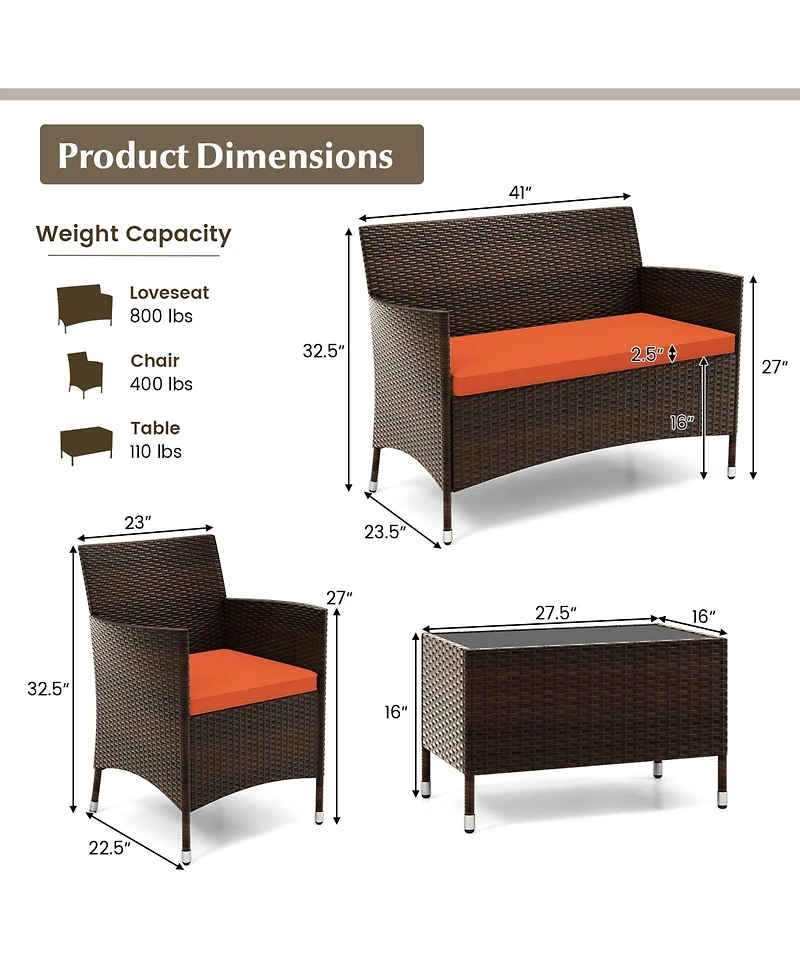 Gouun 4 Pieces Comfortable Outdoor Rattan Sofa Set with Glass Table