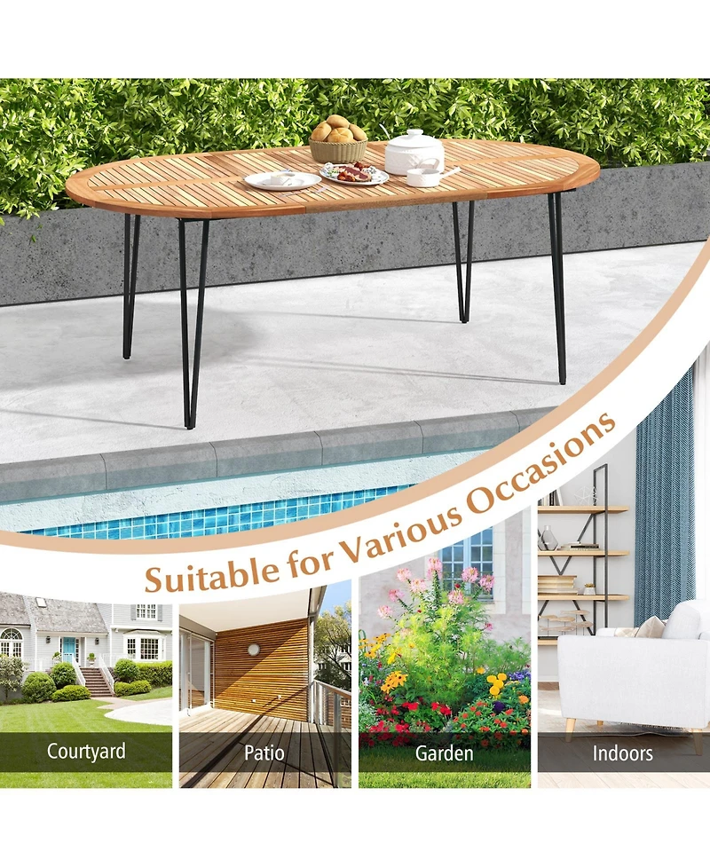 Gouun 79-Inch Oval Acacia Wood Patio Dining Table with Umbrella Hole for 8 People