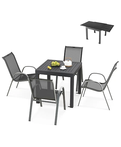 Outdoor Dining Table Set with Extendable Aluminum Table and 4 Stackable Chairs