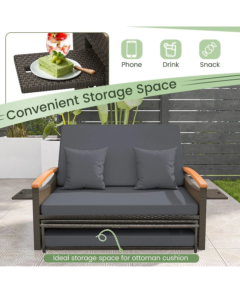Outdoor Wicker Daybed with Folding Panels and Storage Ottoman