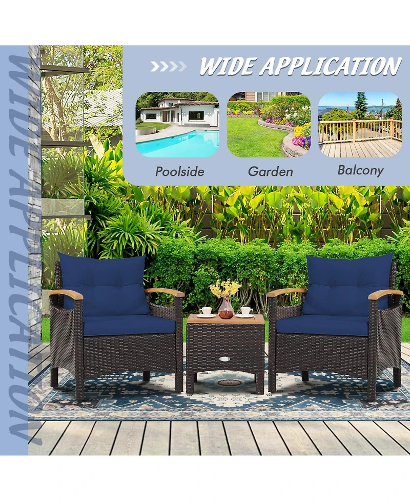3 Pieces Patio Rattan Furniture Set with Removable Cushions