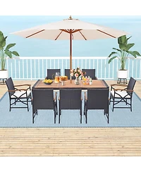 Gouun 9 Pieces Patio Rattan Dining Set with Acacia Wood Table for Backyard Garden-x-side Handrail