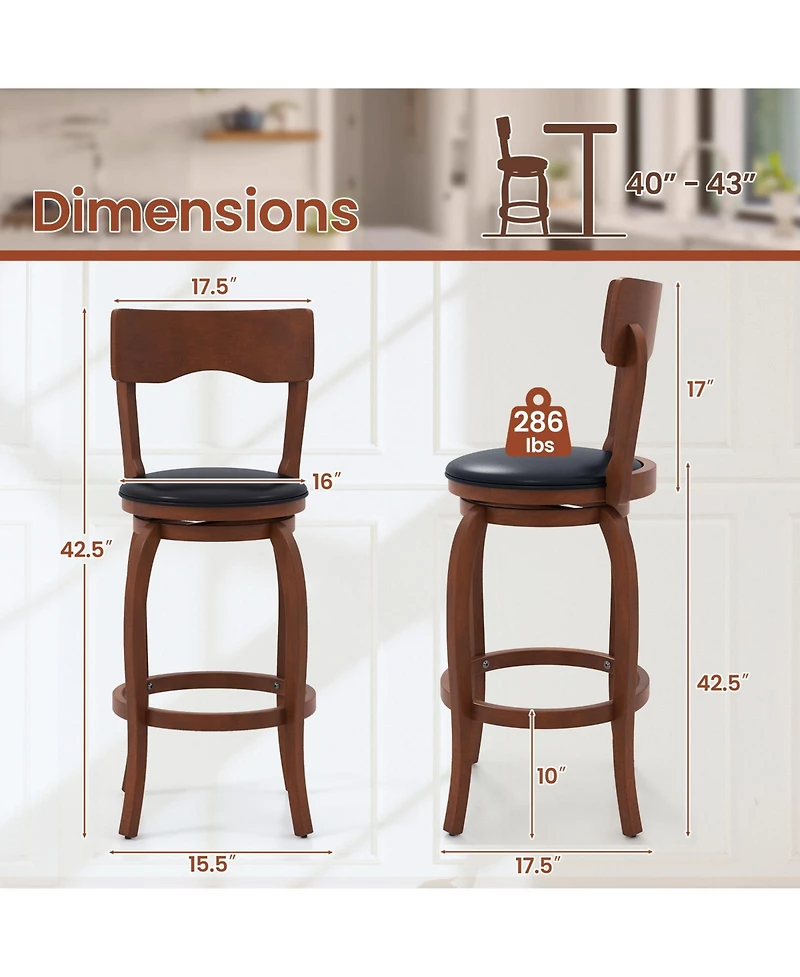 Gouun Swivel Bar Stools Set of 2 with Rubber Wood Frame and Upholstered Seat-29 Inch