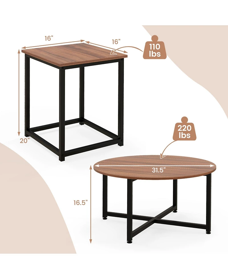 Gouun 3-Piece Table Set Round Table and 2PCS Square End Tables