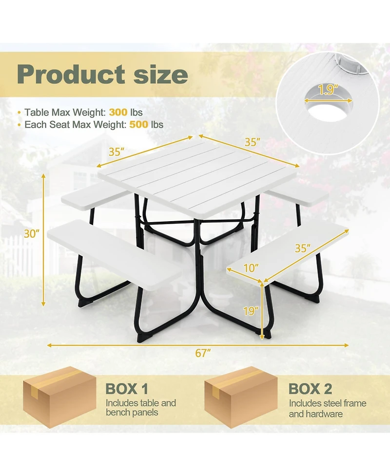 Outdoor Picnic Table with 4 Benches and Umbrella Hole