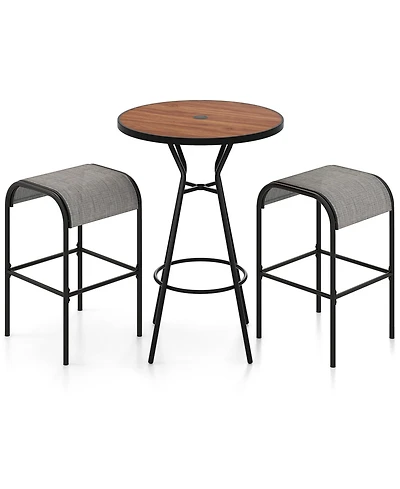 3 Pieces Outdoor Round Bar Table Set with 1.6 Inches Umbrella Hole