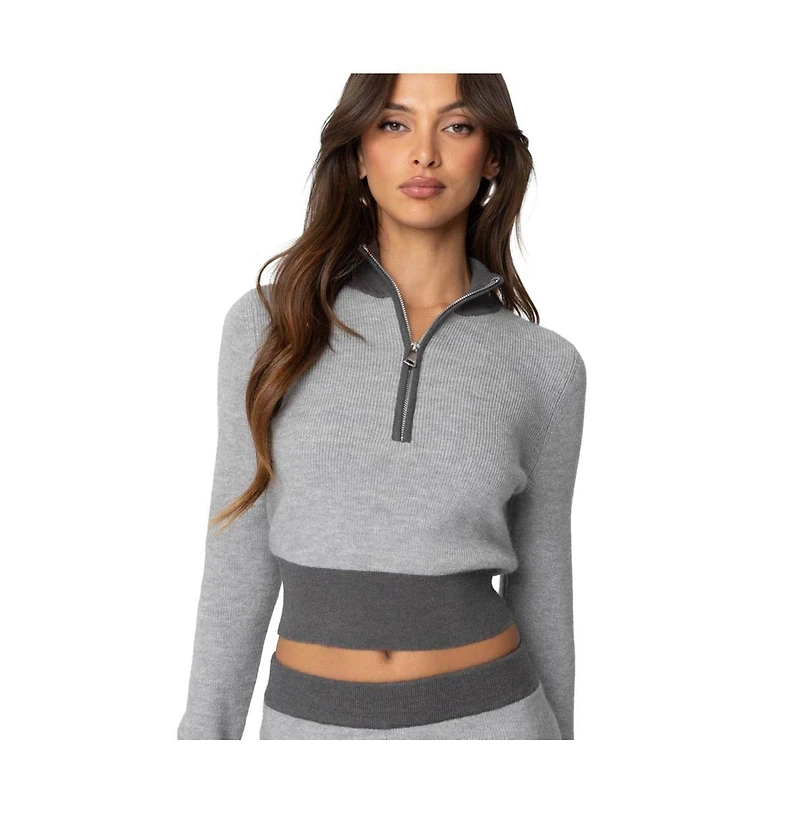 Edikted Womens Lei Contrast Half Zip Knit Top