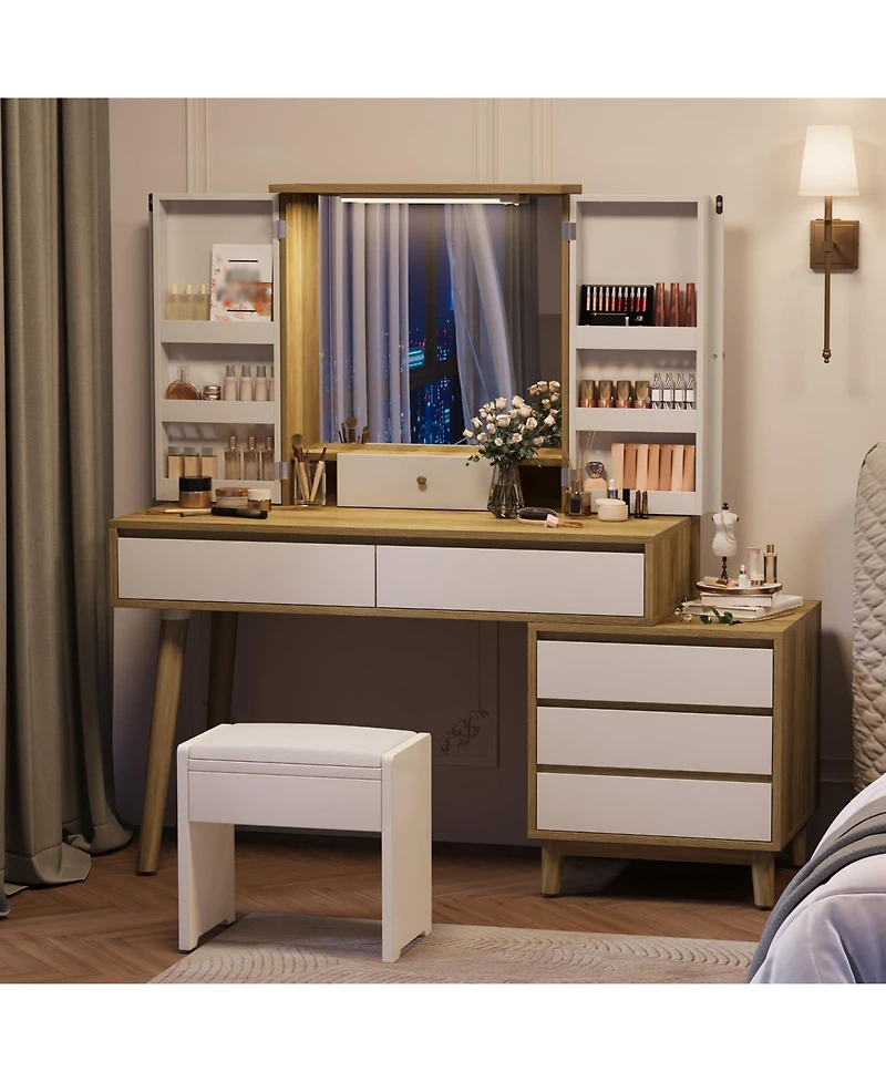 gaomon Makeup Vanity Dressing Table with Open Shelves & Large Mirror & 6 Storage Drawers