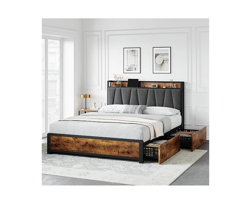 gaomon Queen Size Bed Frame with Upholstered Storage Charging Headboard, Heavy Duty Metal Platform Bed Frame with 4 Storage Drawers, Noise Free, No Bo