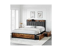 gaomon Queen Size Bed Frame with Upholstered Storage Charging Headboard, Heavy Duty Metal Platform Bed Frame with 4 Storage Drawers, Noise Free, No Bo