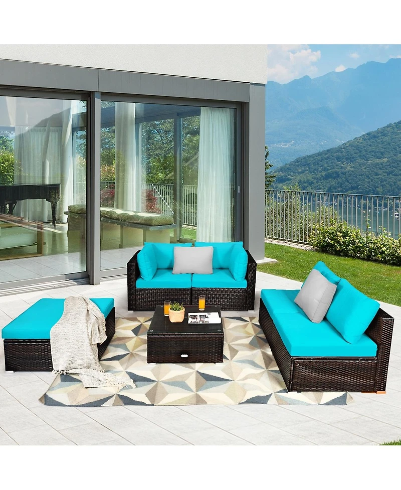 6 Pieces Outdoor Patio Rattan Furniture Set Sofa Ottoman