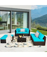 6 Pieces Outdoor Patio Rattan Furniture Set Sofa Ottoman