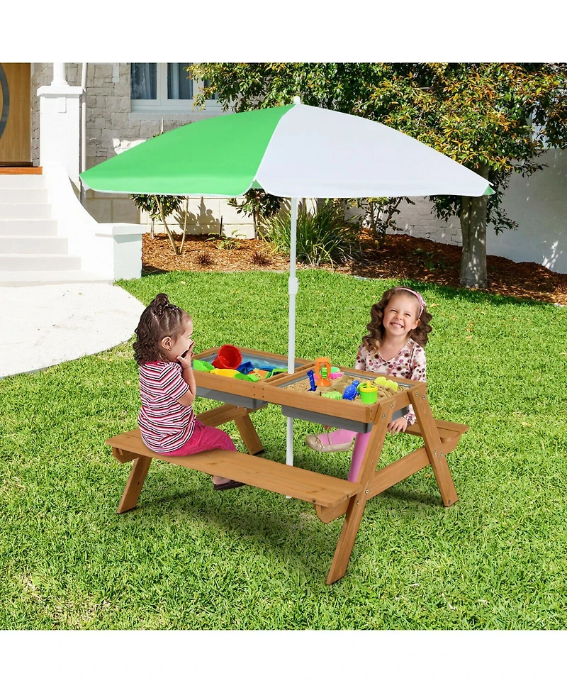 Gouun 3-in-1 Kids Outdoor Picnic Water Sand Table with Umbrella Play Boxes