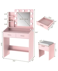 gaomon Vanity Desk with Mirror and Lights, Makeup Vanity with Power Outlet & Cushioned Stool