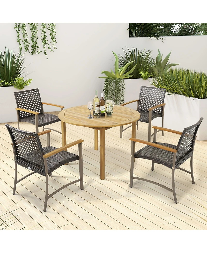 Gymax Outdoor Rattan Chair Set of 4 Patio Pe Wicker Dining Chairs w/ Acacia Wood Armrests Balcony Poolside