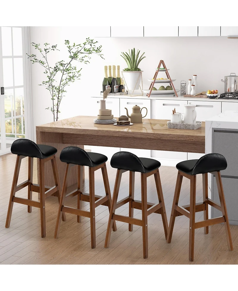 Gymax Set of 4 Upholstered Pu Leather Barstools 27.5'' Wooden Dining Chairs Black & Brown