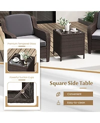 3 Pieces Outdoor Rattan Furniture Set with Cushions and Tempered Glass Table