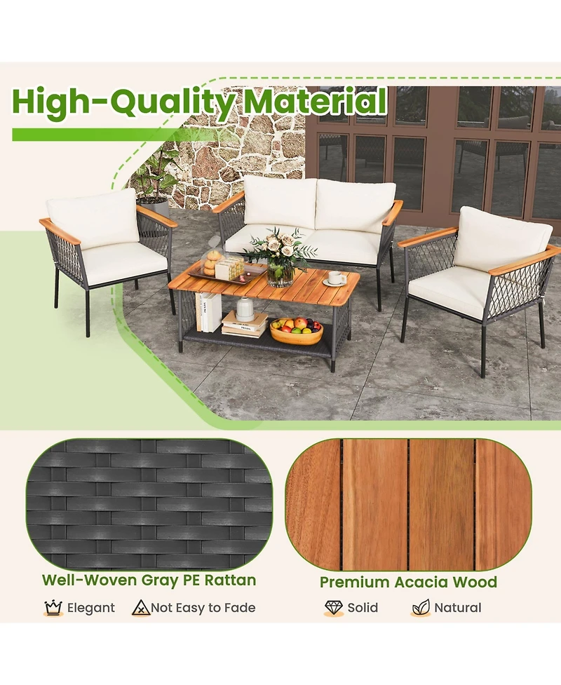 4 Piece Patio Rattan Furniture Set with 2-Tier Table