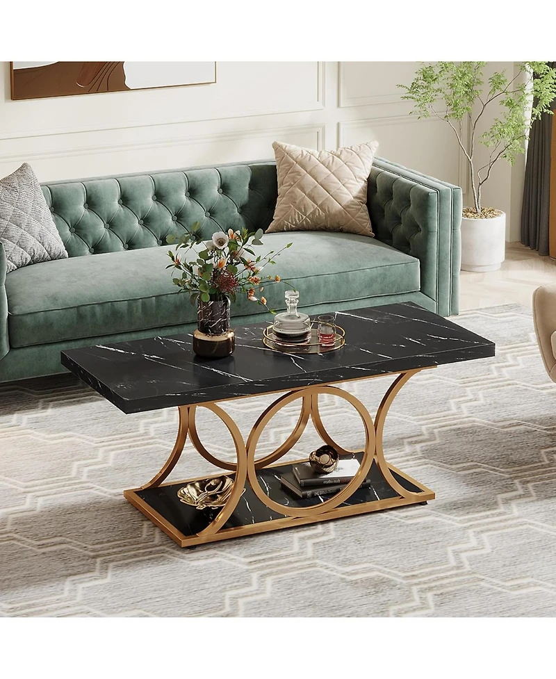 Tribesigns Rectangle Coffee Table, 47.24-inch Modern Coffee Tables for Living Room, 2-Tier Faux Marble Wood Coffee Table with Geometric Metal Legs,Bla