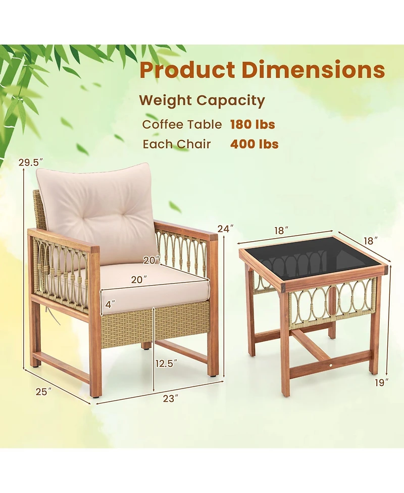 Gouun 3 Pieces Patio Furniture Set with Acacia Wood Frame Cushions