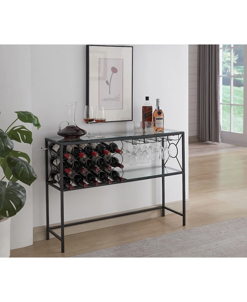 Kings Brand Furniture - Console Sofa Table with Wine Rack Storage, Wine Bar Cabinet with Wine Shelf and Glass Holder, Bronze/Glass