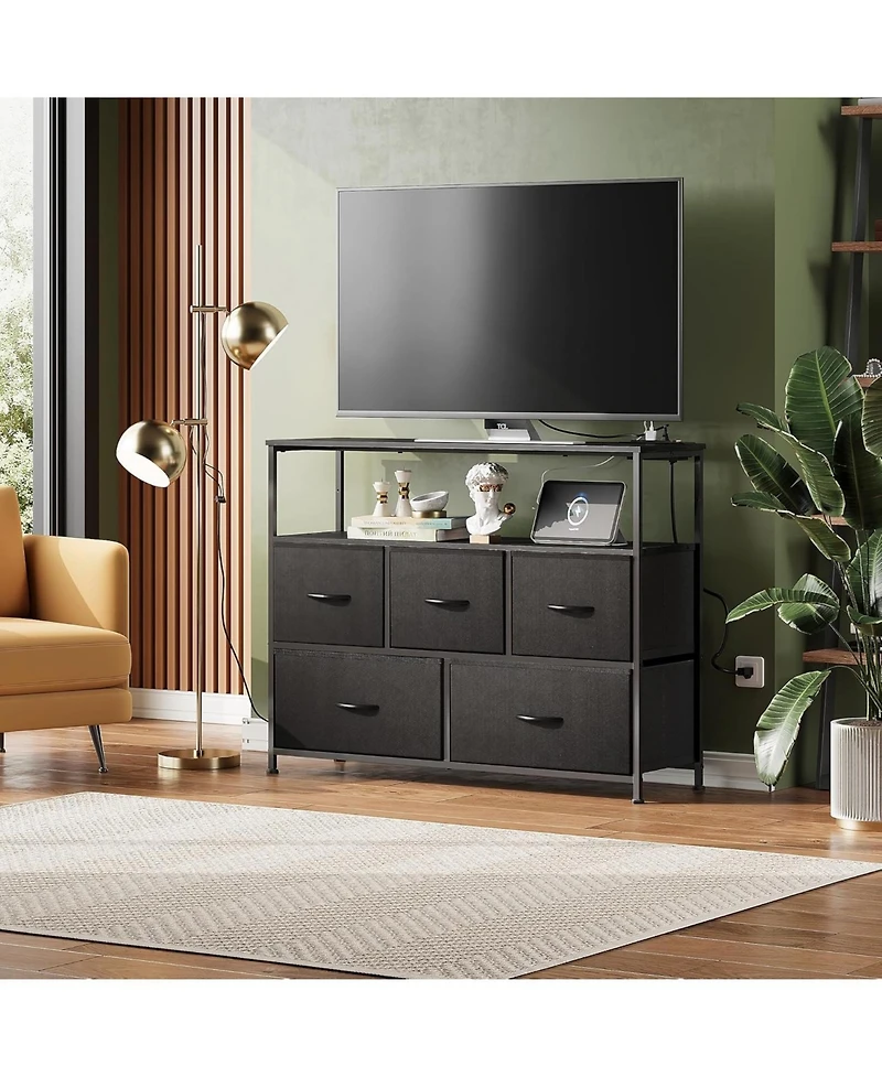 Wlive Tv Stand Dresser for Bedroom with 5 Fabric Drawer Entertainment Center with Open Shelf and Power Outlet for 45 inch Tv Media Console Table with