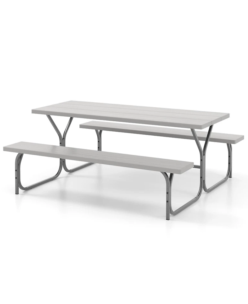 6 Ft Picnic Table Bench Set Dining and 2 Benches with Metal Frame Hdpe Tabletop