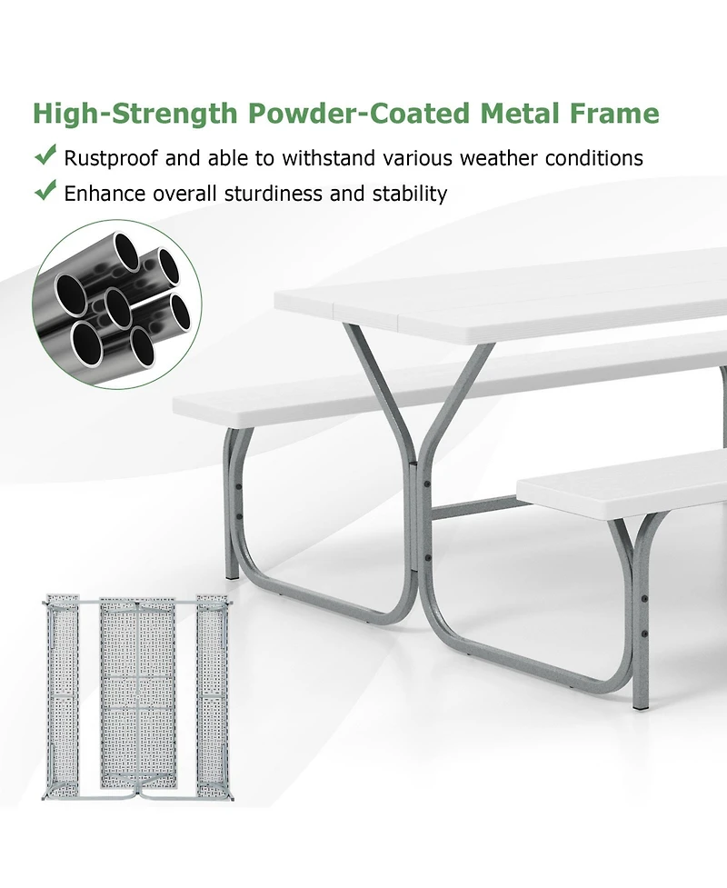 6 Ft Picnic Table Bench Set Dining Table and 2 Benches with Metal Frame and Hdpe Tabletop