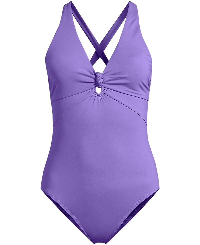 Lands' End Women's Knot Front V-neck High Leg One Piece Swimsuit