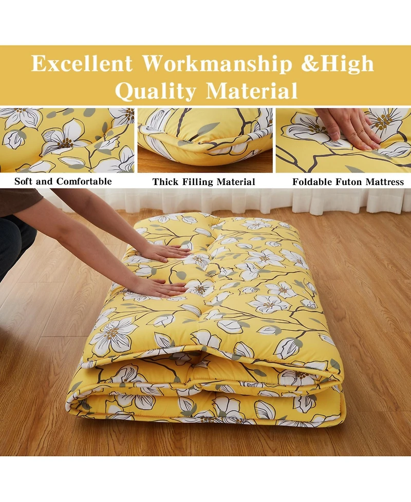 gaomon Japanese Floor Mattress Twin, Thick Tatami Roll-Up Mattress for Camping & Guest Room, Yellow Flower Design
