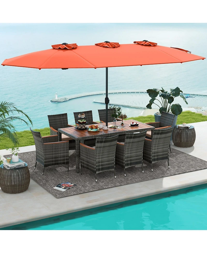 10 Pieces Patio Wicker Dining Set with 15 Feet Double-Sided Umbrella
