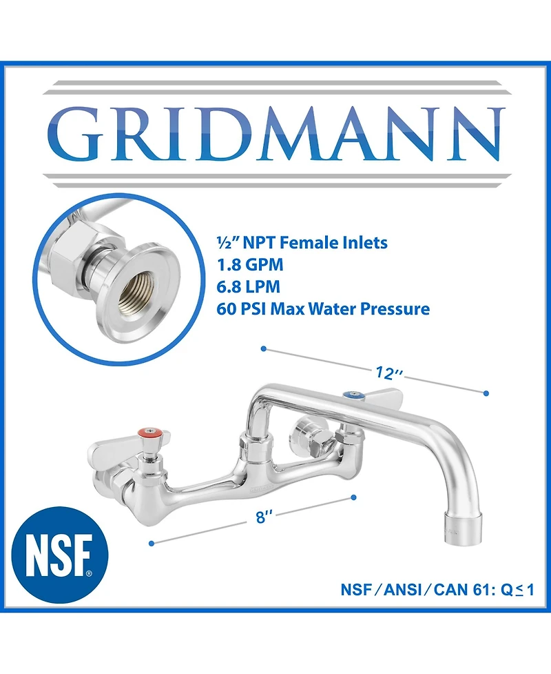 Gridmann Commercial Wall Mount Sink Faucet, 8" Center with 12" Swivel Spout, Nsf, Dual Lever Handles, Brass Construction, Chrome Polished Fi