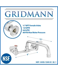 Gridmann Commercial Wall Mount Sink Faucet, 8" Center with 12" Swivel Spout, Nsf, Dual Lever Handles, Brass Construction, Chrome Polished Fi