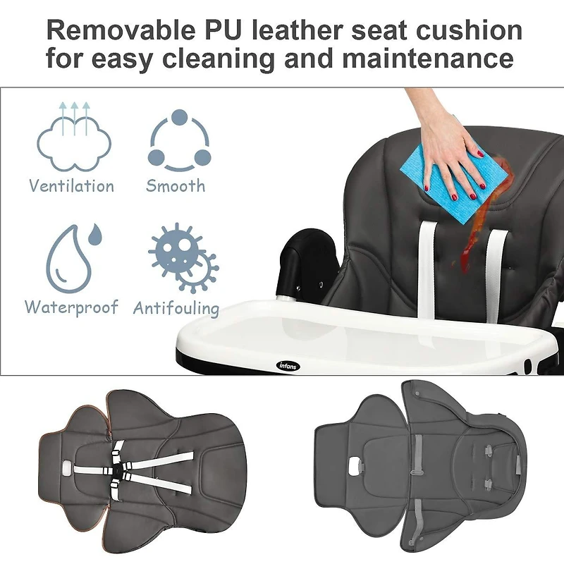 Gouun Foldable Baby High Chair with Adjustable Height, Backrest, and Detachable Tray