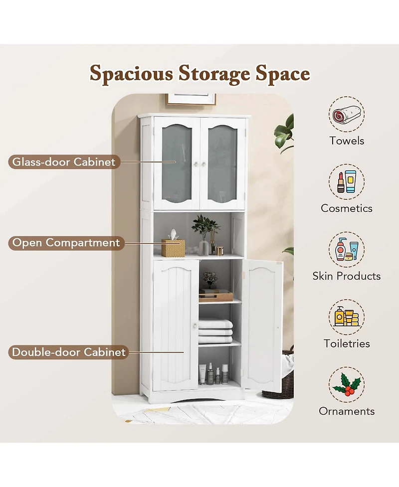 64.5" Tall Bathroom Cabinet with Tempered Glass Doors Adjustable Shelves