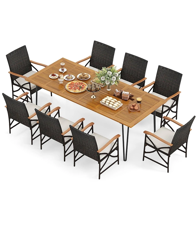 Wicker Patio Furniture Set of 8 Armchairs with Soft Cushions and Acacia Wood Square Table